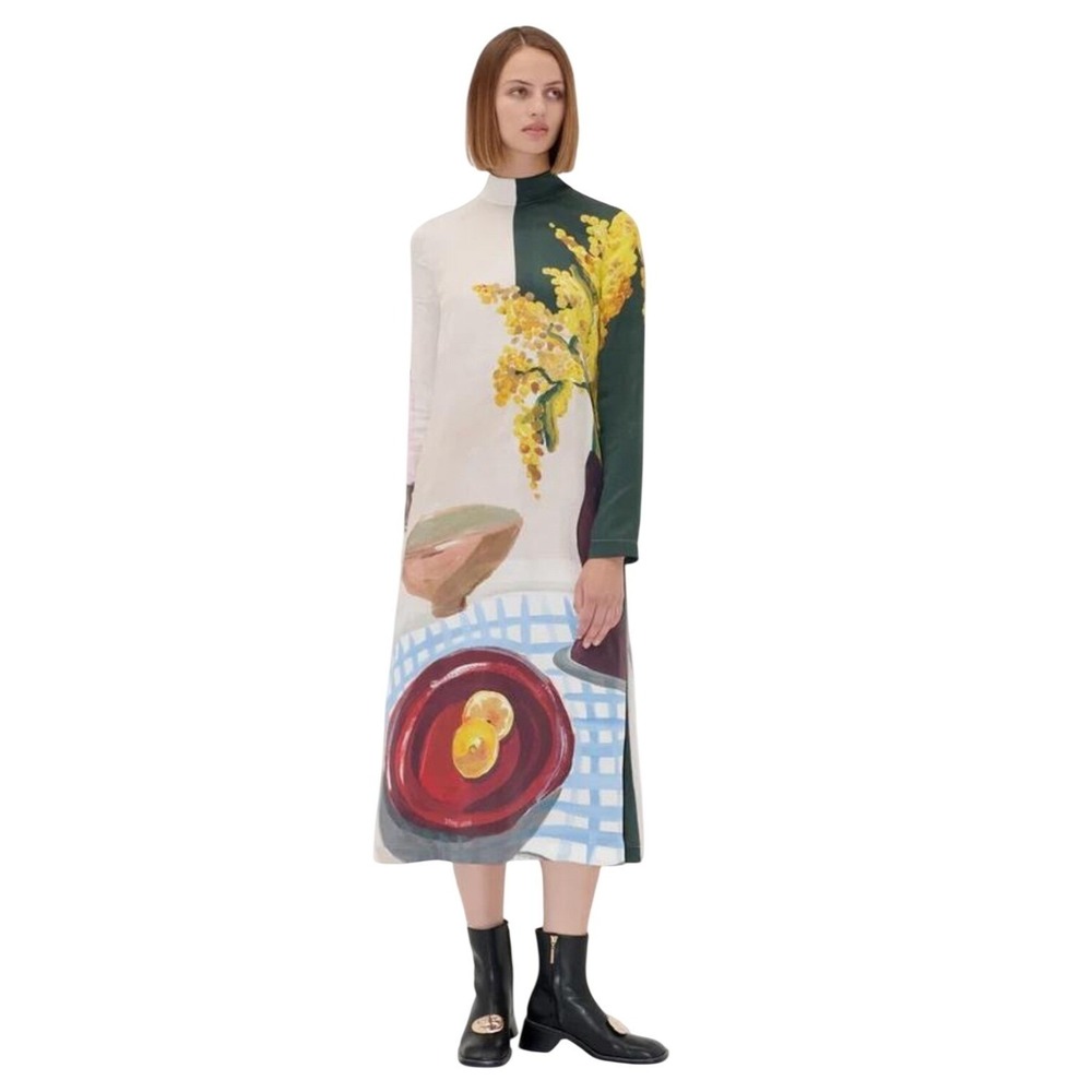NEW Stine Goya Midi Dress Lemons on a Plate Still Life Graphic Medium